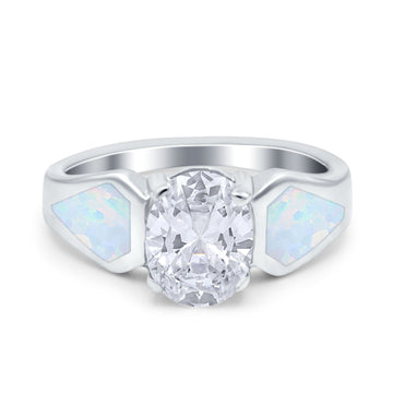 Three Stone Oval Art Deco Created White Opal Wedding Ring Simulated Cubic Zirconia 925 Sterling Silver